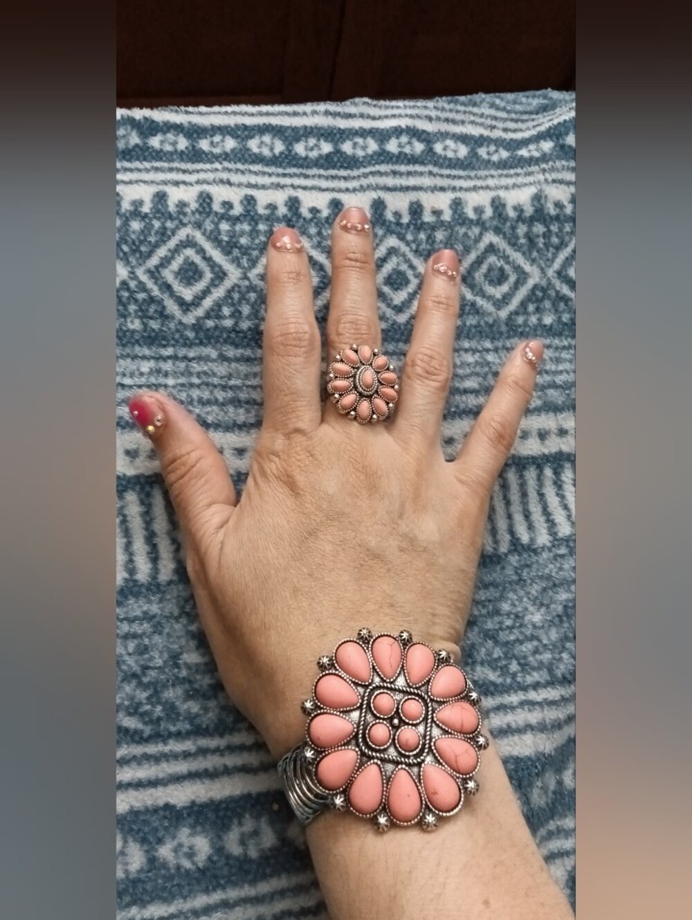 Pink Floral Statement Ring and Bracelet Set - Women Jewelry